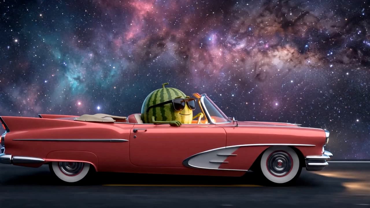 Uma melancia ao volante de um descapotável vintage sob a Via Láctea